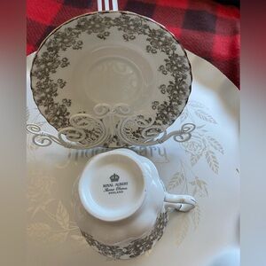 Royal Albert 25th Anniversary Cup and Saucer with stand and silver coloured tray